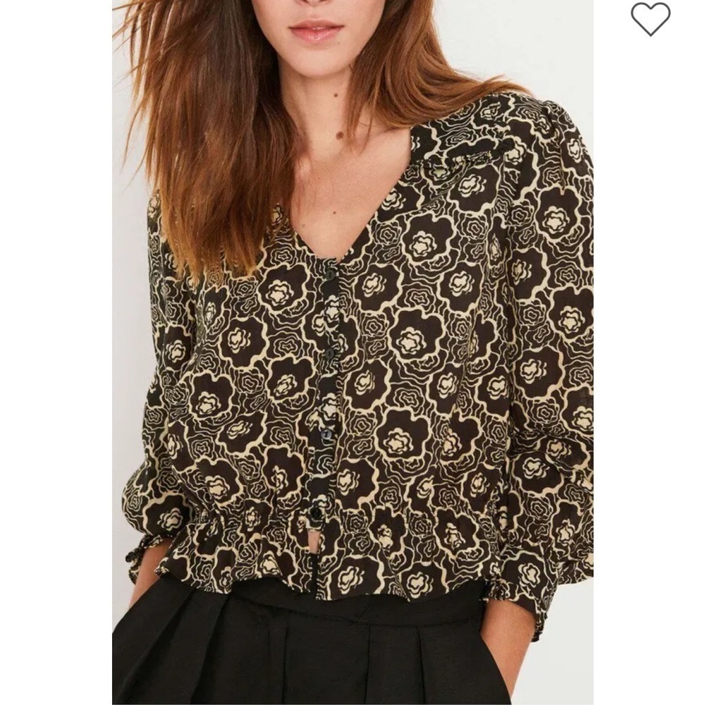 ba&sh Gwen Printed Ruffled Blouse Peter Pan Collar Button Front Top Black Tan L